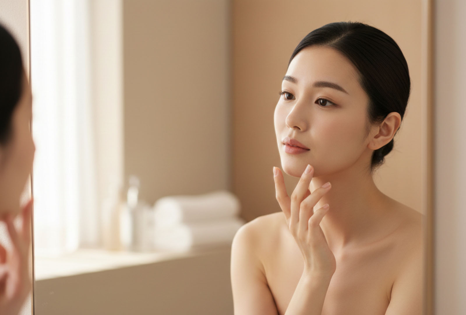 거울을 보며 얼굴 윤곽과 좌우 균형을 섬세하게 체크하는 모습